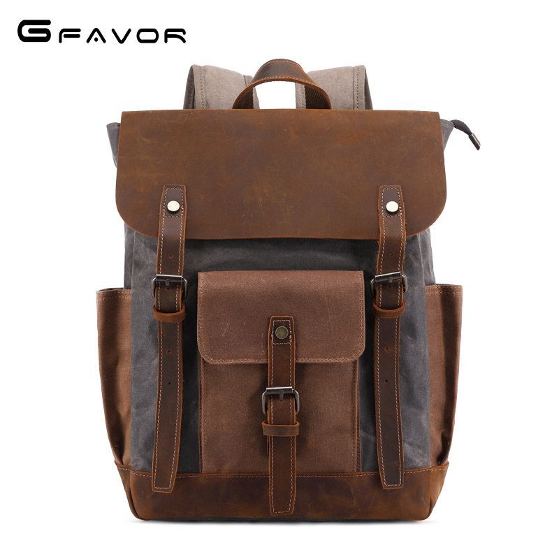 Men's Crazy Horse Leather Retro Canvas Oil Backpacks