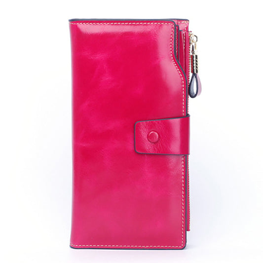 Women's Swiping Long Oil Wax Mobile Clutch Ladies Wallets