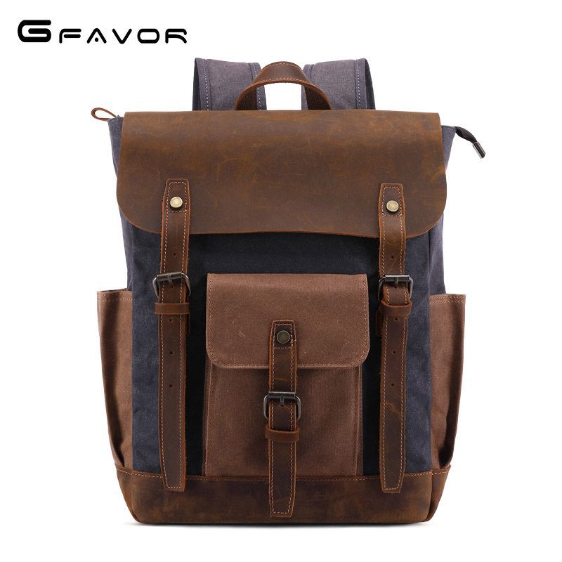 Men's Crazy Horse Leather Retro Canvas Oil Backpacks