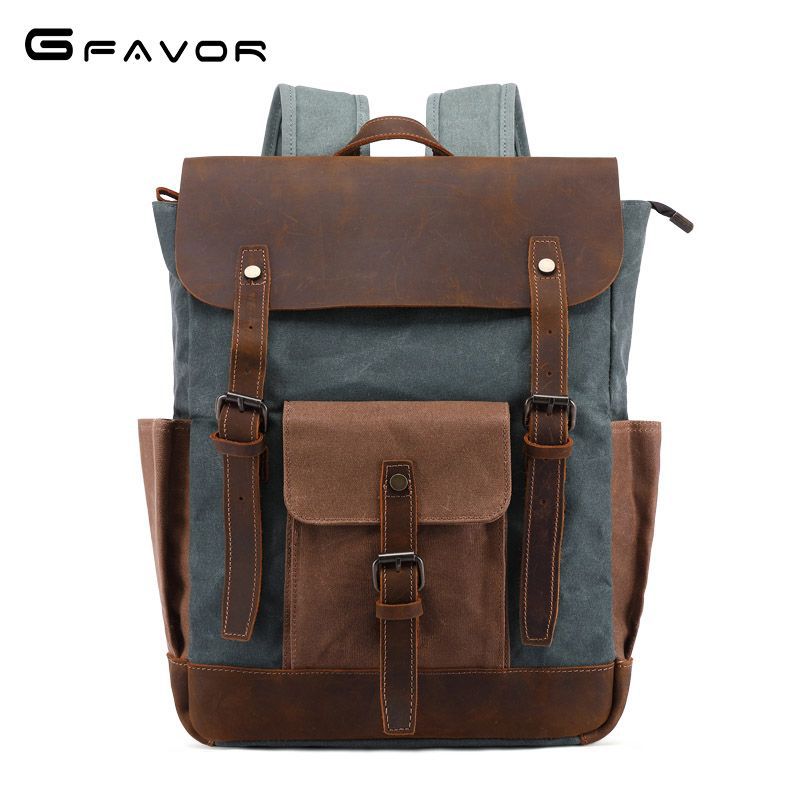 Men's Crazy Horse Leather Retro Canvas Oil Backpacks