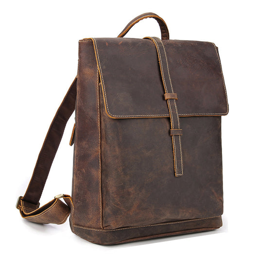 Men's Retro Crazy Horse Leather Computer Clamshell Top Backpacks