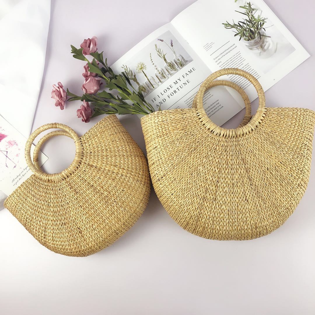 Yellow Straw Moon Hand Carrying Semicircle Seaside Handbags