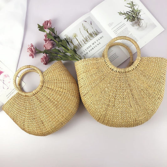 Yellow Straw Moon Hand Carrying Semicircle Seaside Handbags