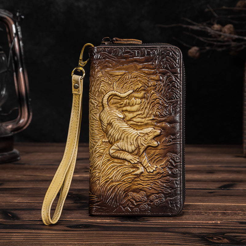 Men's Tanned Leather Cowhide Long Pressure Tiger Men's Wallets