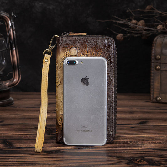 Men's Tanned Leather Cowhide Long Pressure Tiger Men's Wallets