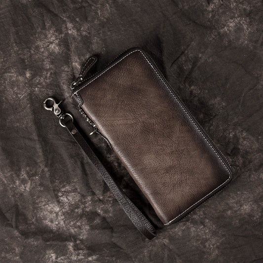 Men's Vintage Long Zipper Leather Clutch Cowhide Men's Wallets