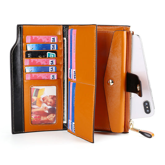 Women's Oil Wax Genuine Leather Long Fashion Ladies Wallets