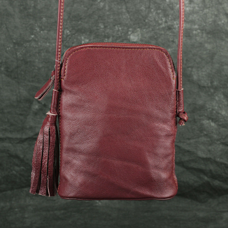 Women's Mobile Leather Tassel First Layer Cowhide Shoulder Bags