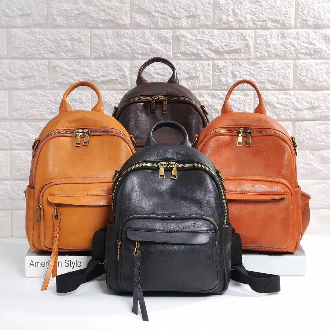 Women's Leather First Layer Cowhide Solid Color Backpacks