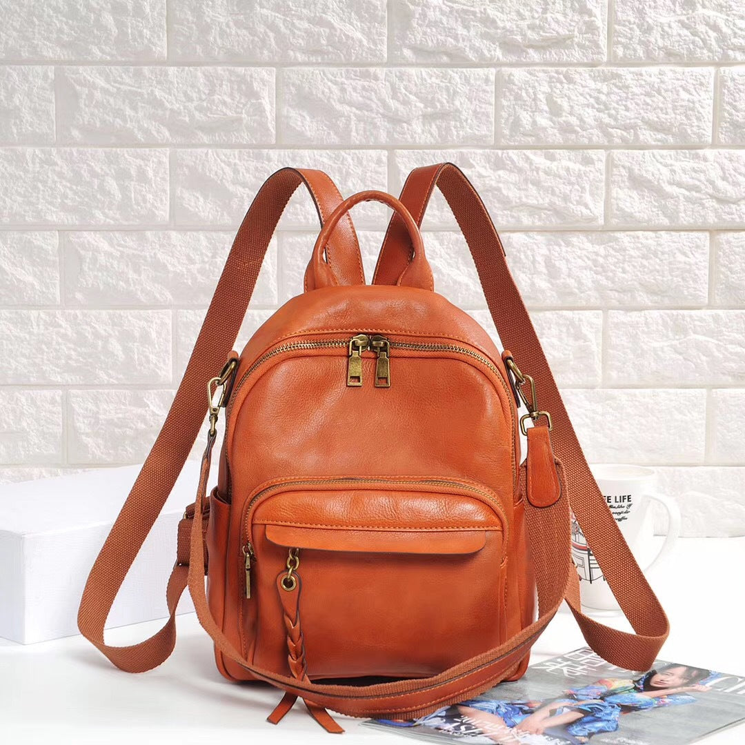 Women's Leather First Layer Cowhide Solid Color Backpacks
