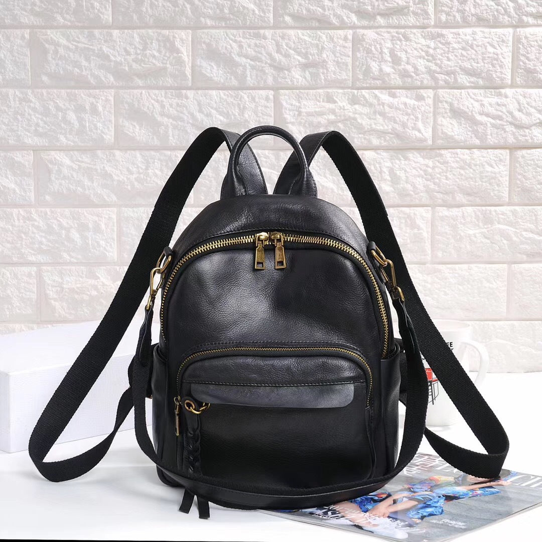 Women's Leather First Layer Cowhide Solid Color Backpacks