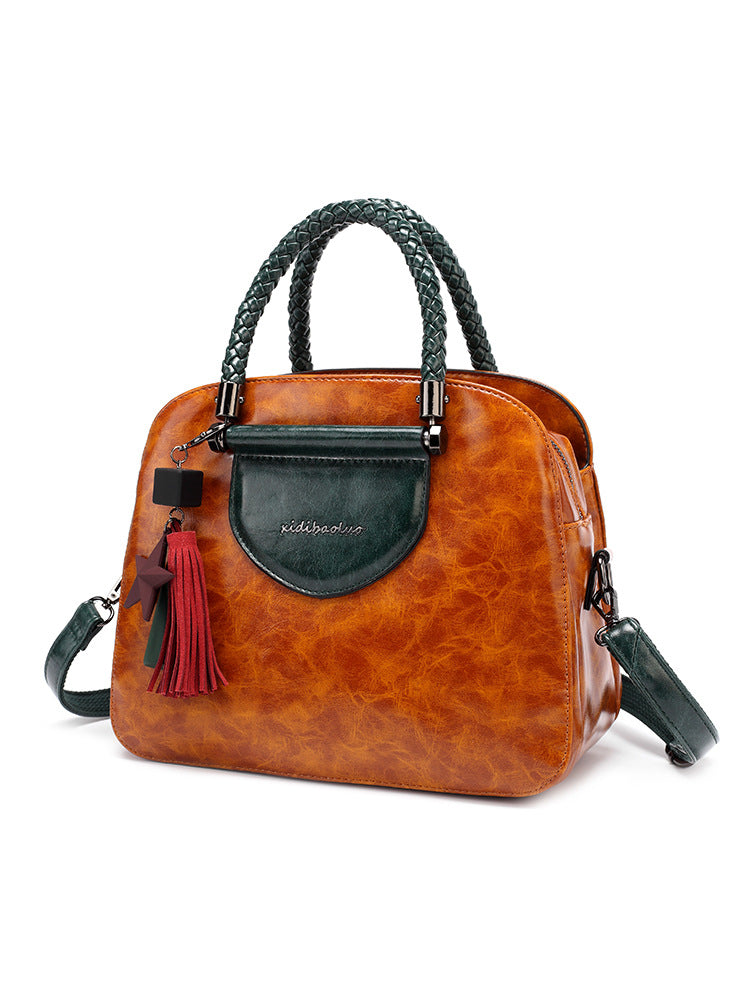 Women's Contrast Color Retro Fashion Oil Wax Handbags
