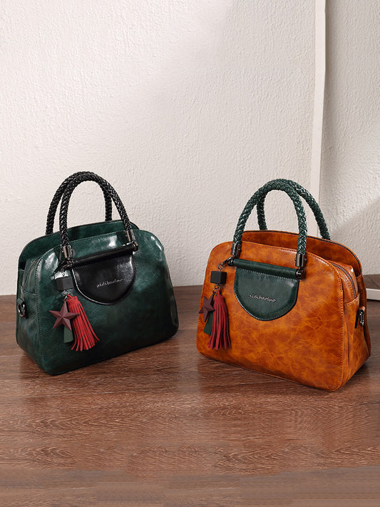 Women's Contrast Color Retro Fashion Oil Wax Handbags