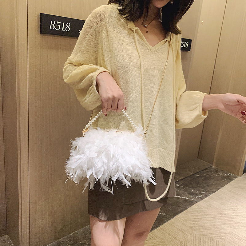 Women's Style Turkey Feather Ostrich Clipped Button Pearl Crossbody Bags