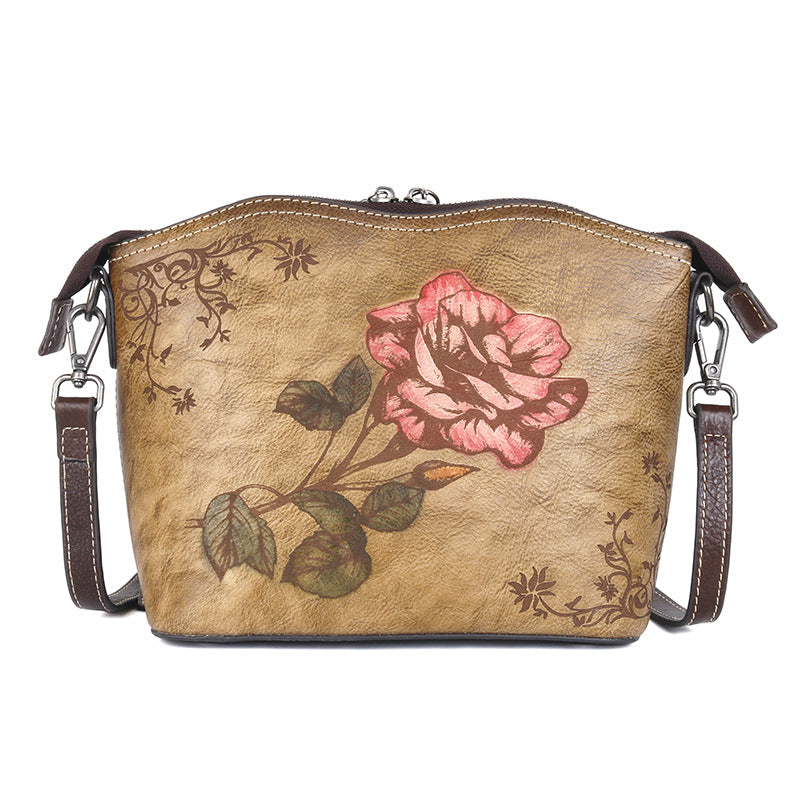 Women's Top Layer Leather Chinese Style Rose Shoulder Bags