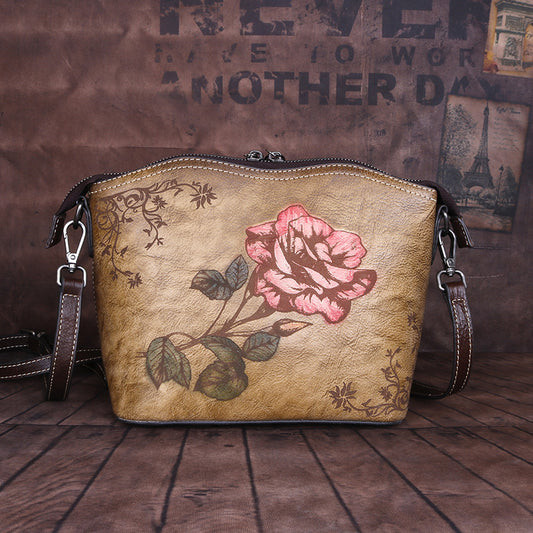 Women's Top Layer Leather Chinese Style Rose Shoulder Bags