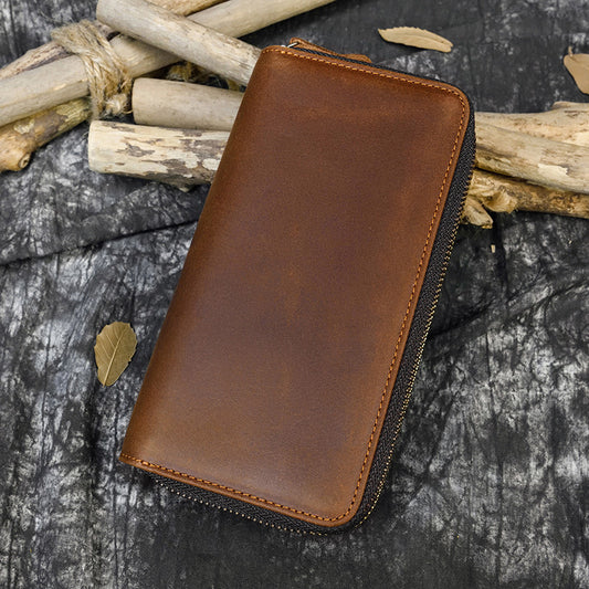 Men's Crazy Horse Leather Long Genuine Double Men's Wallets