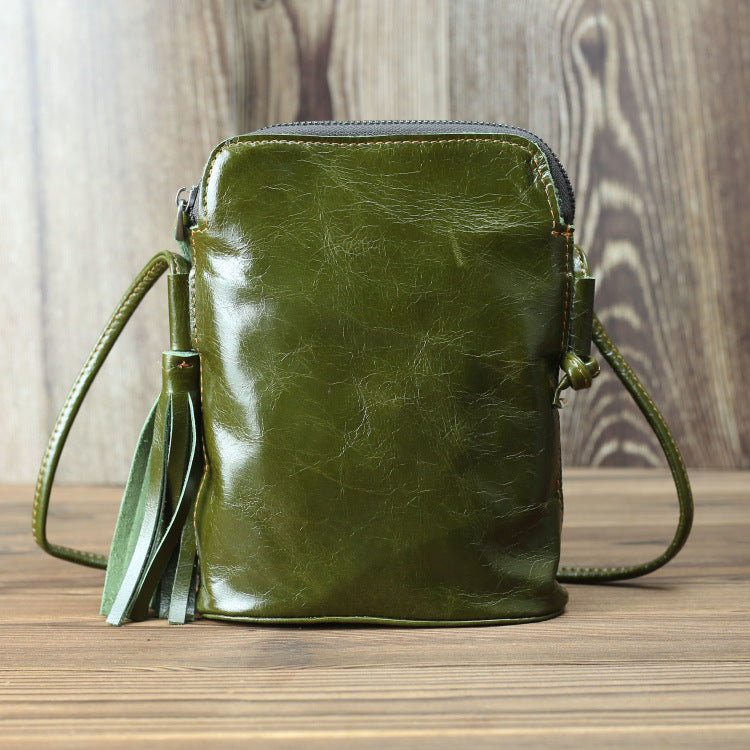 Women's Mobile Leather Tassel First Layer Cowhide Shoulder Bags
