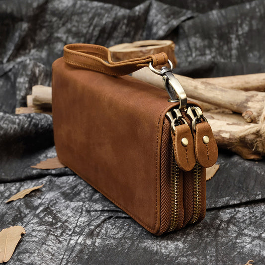 Men's Horse Leather Long Genuine Double Zip Multiple Phone Bags