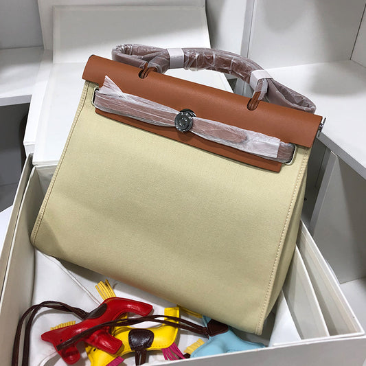 Women's Lady's Fashion Kelly Cowhide Stitching Canvas Shoulder Bags