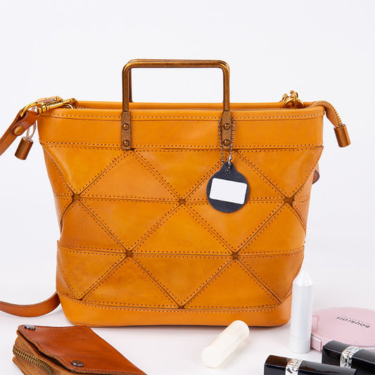Women's Retro Versatile Geometric Stitched Cowhide Commuter Handbags