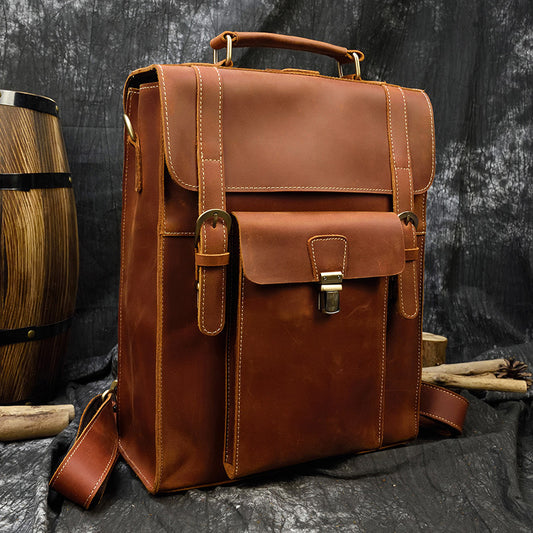 Men's Retro Clamshell Portable Crazy Horse Leather Backpacks