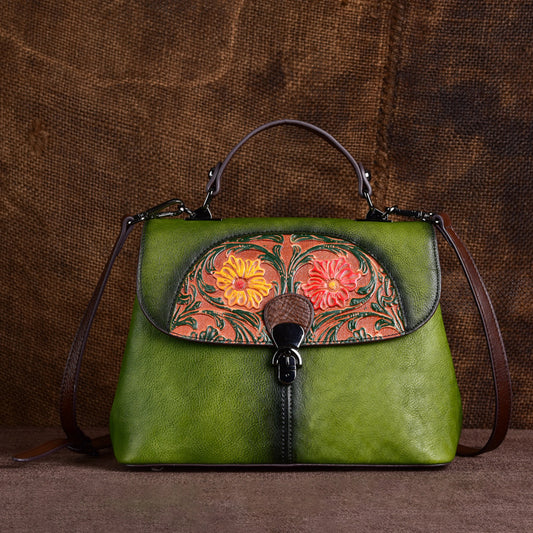 Women's Cowhide Embossed Retro Hand-rub Color Portable Handbags