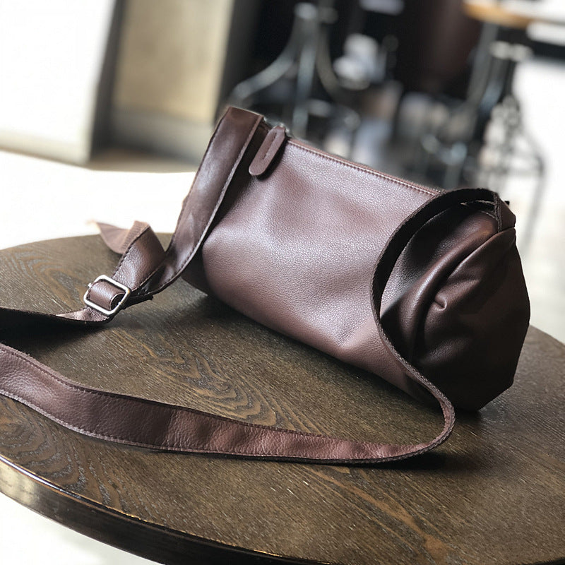 Women's Genuine Leather Cylindrical Pouch Soft Retro Top Bags