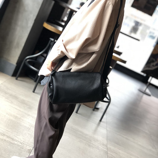 Women's Genuine Leather Cylindrical Pouch Soft Retro Top Bags