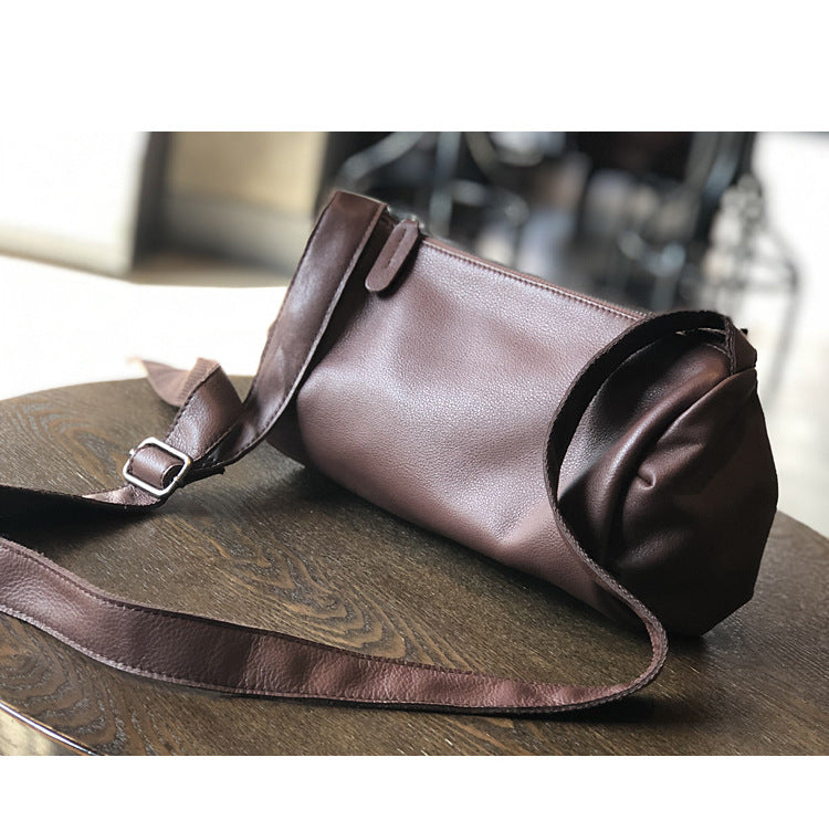 Women's Genuine Leather Cylindrical Pouch Soft Retro Top Bags