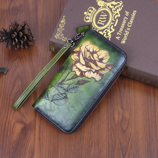 Women's Cowhide Long Zipper Printing Brushed Retro Ladies Wallets