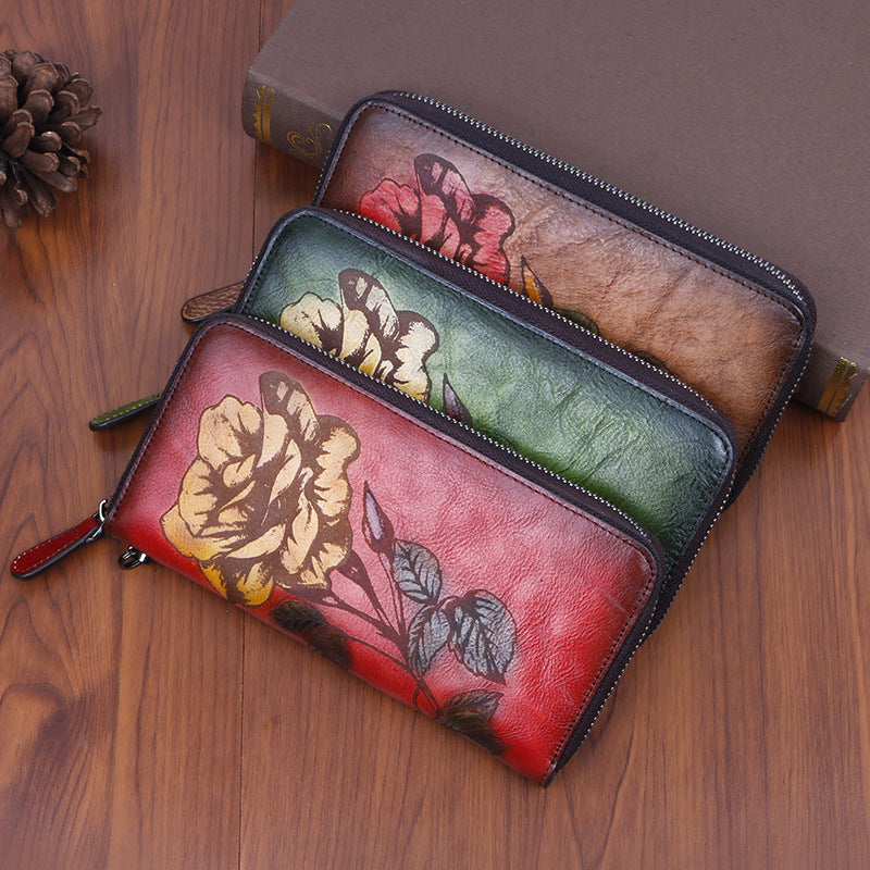 Women's Cowhide Long Zipper Printing Brushed Retro Ladies Wallets