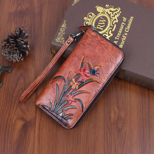 Cowhide Retro Style Multiple Slots Long Ladies Wallets