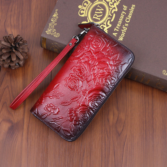 Women's Cowhide Retro Style Long Fashion Embossed Ladies Wallets
