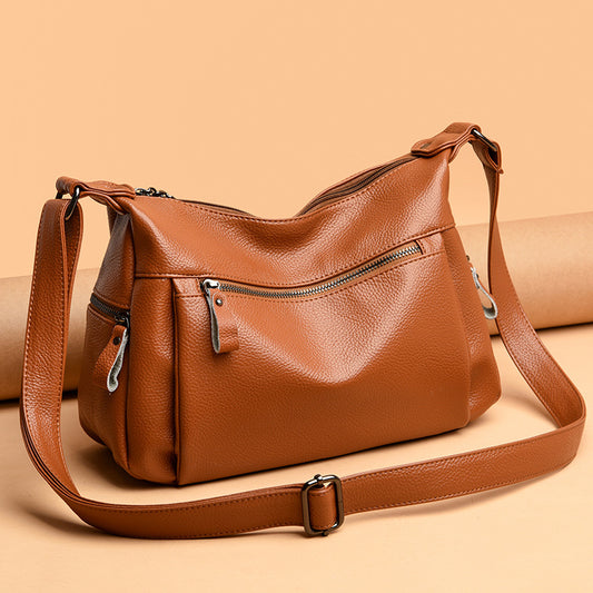 Women's Mom Cowhide Lychee Pattern Simple Soft Crossbody Bags