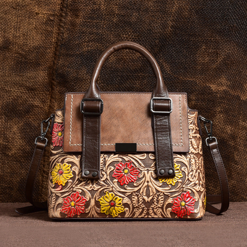 Women's Genuine Leather Retro Embossing Brushed Fashion First Layer Cowhide Handbags