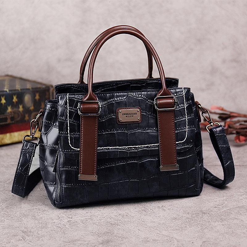Women's Stone Pattern Contrast Color Oil Waxed Leather Bags