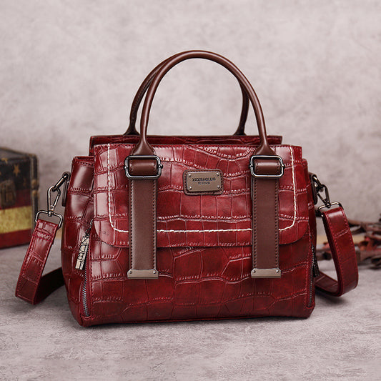 Women's Stone Pattern Contrast Color Oil Waxed Leather Bags