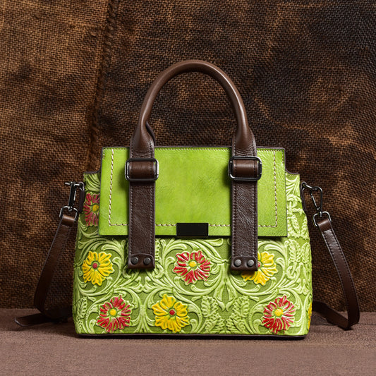 Women's Genuine Leather Retro Embossing Brushed Fashion First Layer Cowhide Handbags
