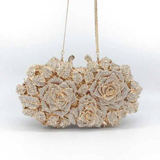 Women's Strict Selection Hollow Rose Diamond Dinner Metal Hard Evening Bags