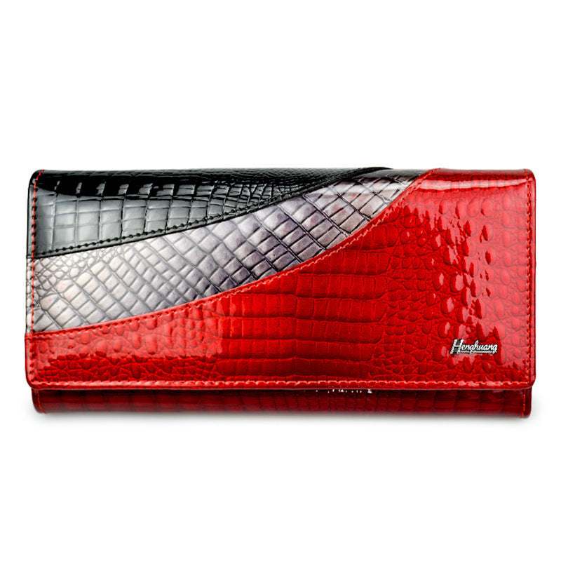 Women's Cowhide Patent Leather Snap Button Crocodile Ladies Wallets