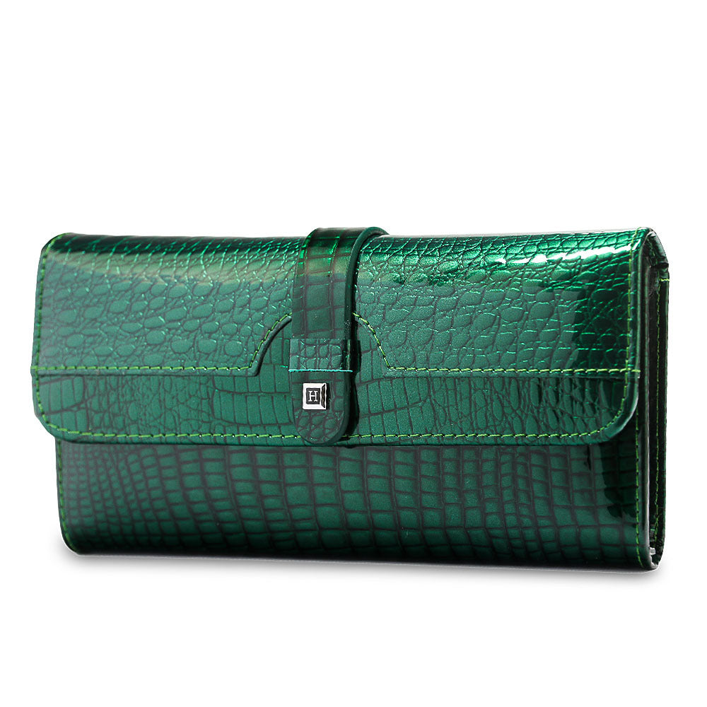 Women's Leather Snap Button Patent Crocodile Pattern Multi Ladies Wallets