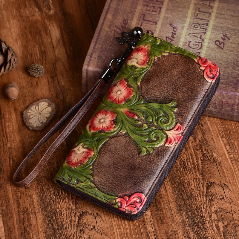 Women's First Layer Cowhide Retro Embossing Handmade Ladies Wallets