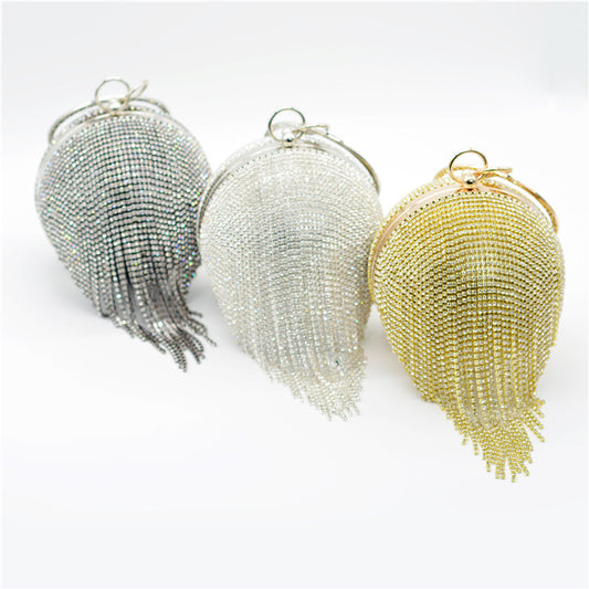 Women's Rhinestone Round Spherical Tassel Diamond Bead Evening Bags