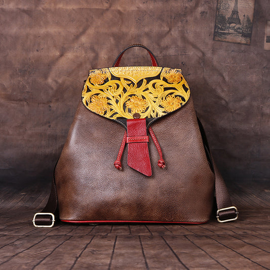 Women's Vintage First Layer Cowhide Embossed Personalized Backpacks