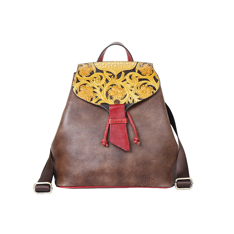 Women's Vintage First Layer Cowhide Embossed Personalized Backpacks