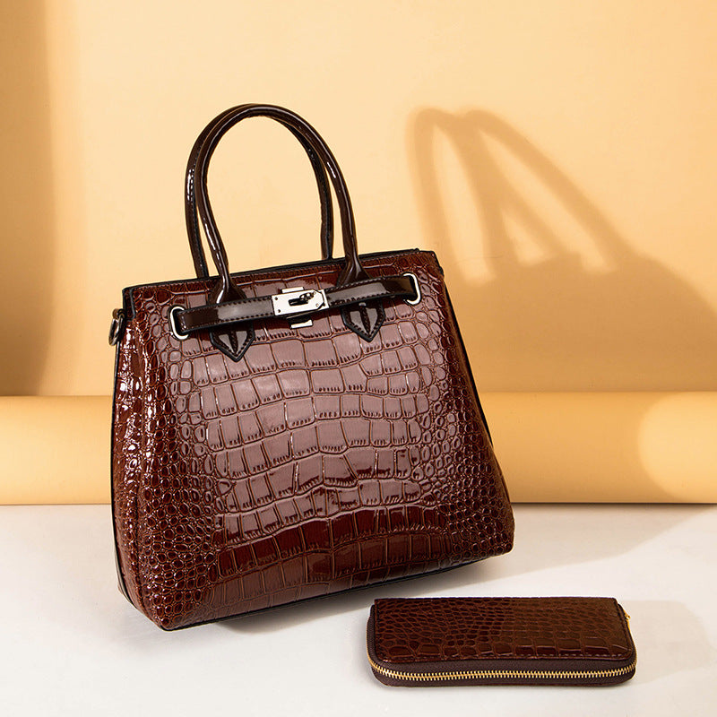 Women's Crocodile Pattern Patent Leather Two-piece Portable Handbags