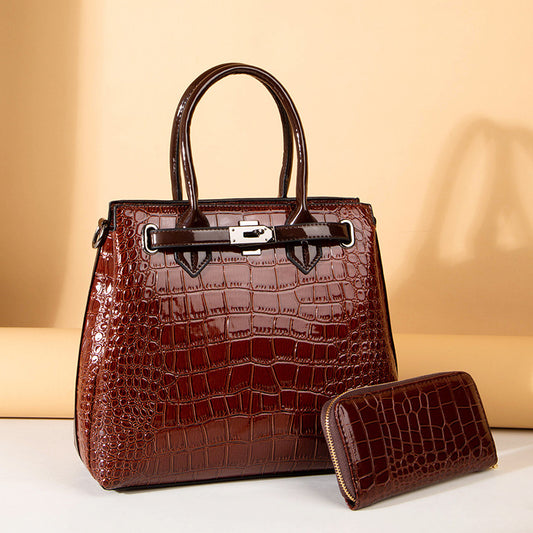 Women's Crocodile Pattern Patent Leather Two-piece Portable Handbags