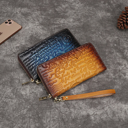 Women's Vintage Hand-held First Layer Cowhide Embossed Ladies Wallets
