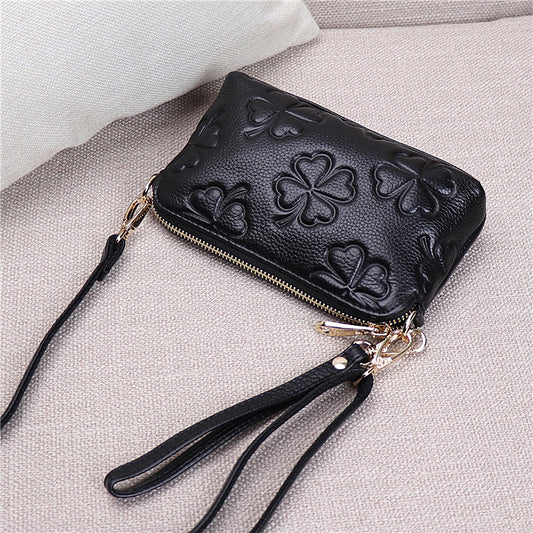 Women's Four-leaf Clutch First Layer Cowhide Embossed Bags